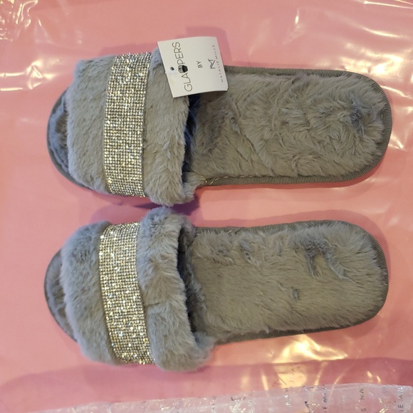 Gray Furry Slippers with Rhinestone Strap - Picture 2 of 3
